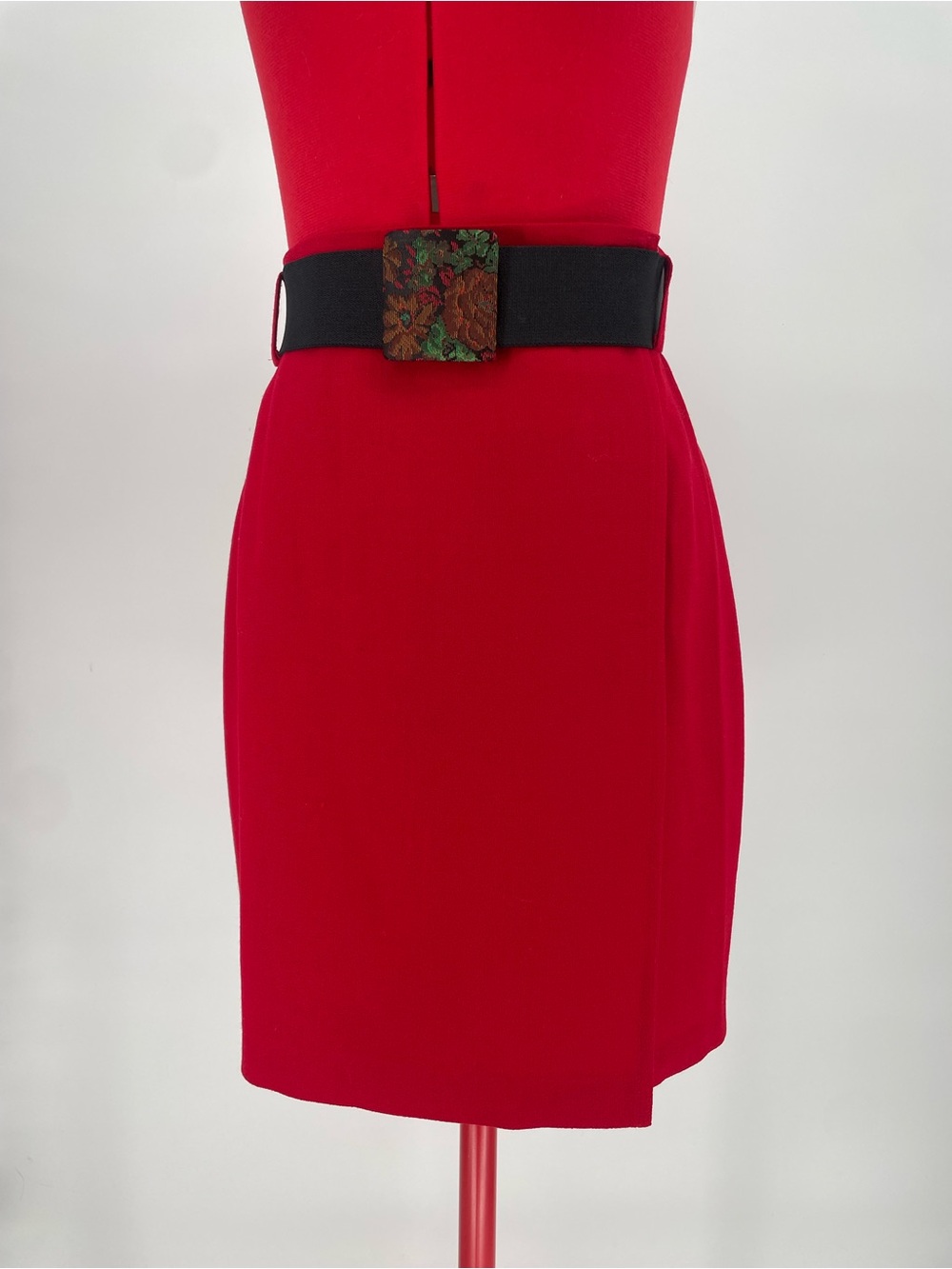100% Wool 80s 2pcs Harvé Benard Red Wrap Mini Skirt W Wide Elastic Waist Belt